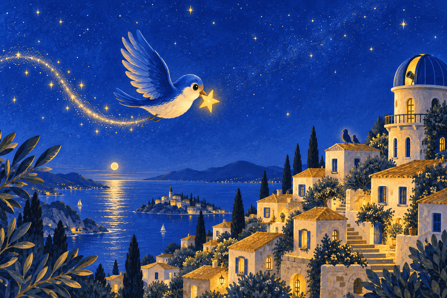 A blue bird carrying a star over the town
